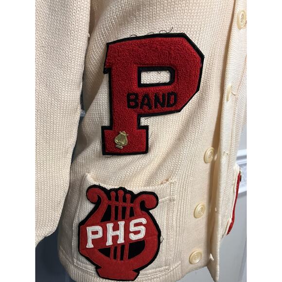 1960’s Burean Letterman Cardigan Sweater Size 36 Cream/Red PHS Band - Picture 3 of 16